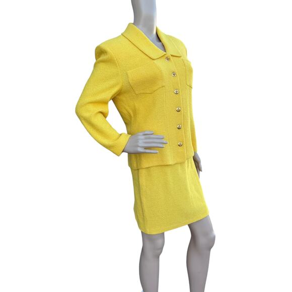 St. John 8 Skirt Suit Yellow Tweed Knit Gold Turn-Lock Jacket Pencil Mini Set - Picture 16 of 16